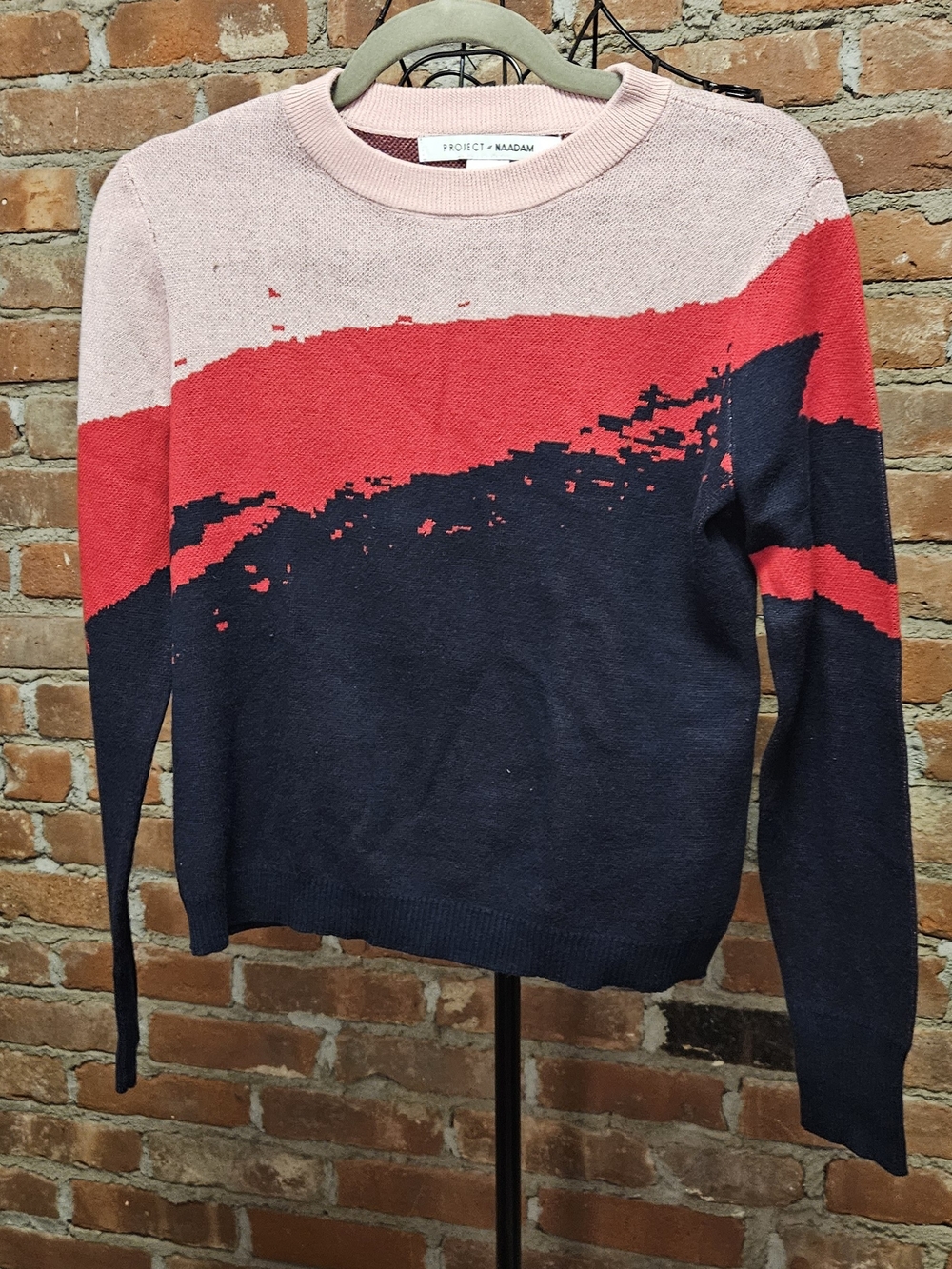Colorblock Abstract 100% Cotton Crewneck Sweater - Navy/Red/Pink